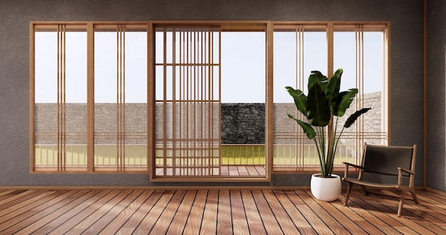 Diseño japonés de dormitorio azul oscuro en el interior de la habitación tropical y piso de tatami. Representación 3D