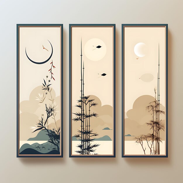 Un diseño japonés de marco Zen de bambú y elementos de jardín Zen Neu 2D Clipart Concepto de superposición de camisetas