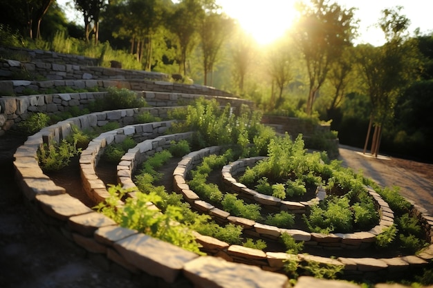 Diseño de jardín de hierbas en espiral bañado por luz solar Ai generativa