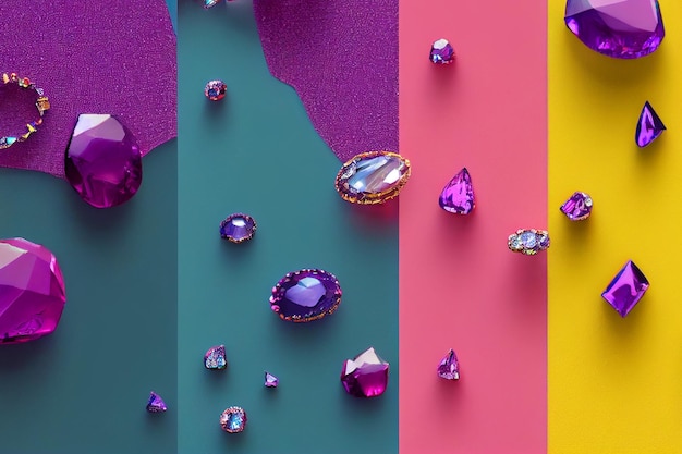 Diseño de joyas de piedras preciosas abstractas y un lujoso concepto de compras con diamantes y cristales