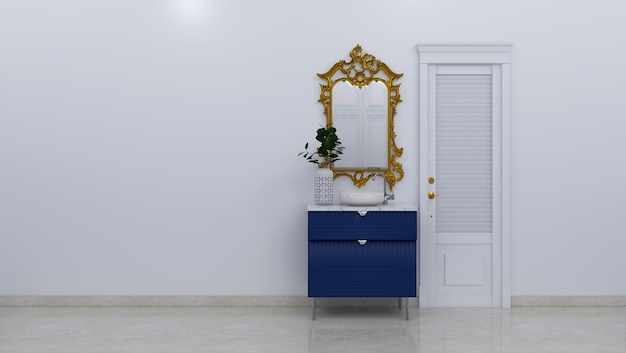 Diseño de lavabo de baño interior de renderizado 3d con espejo clásico