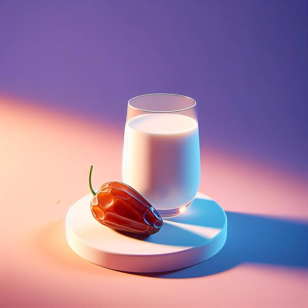 Diseño limpio con leche 3D y fechas que denotan el comienzo de la comida de Ramadán iluminación suave