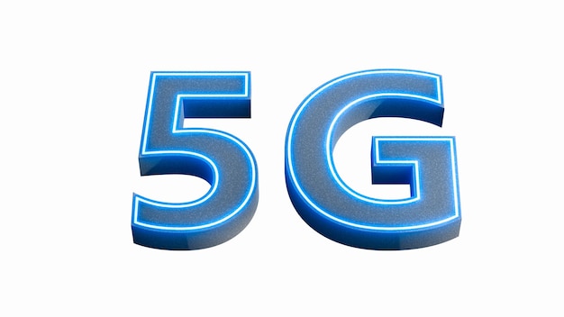 Diseño de logotipo 5g, un símbolo de conectividad de red 5G de la futura representación 3d con brillo azul neón