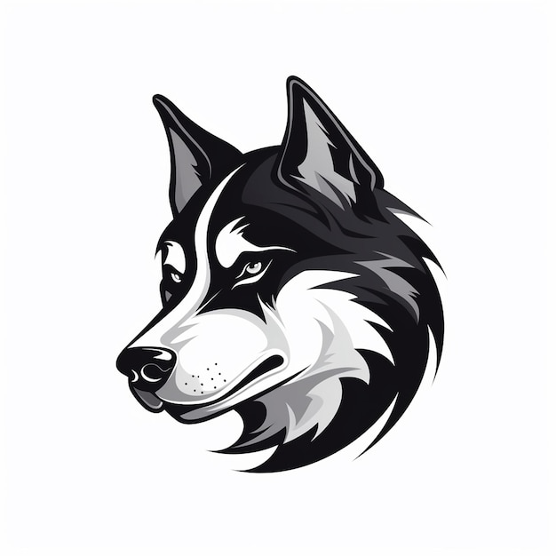 Diseño del logotipo de Husky siberiano con líneas finas en blanco y negro, el husky retratado a mitad de carrera