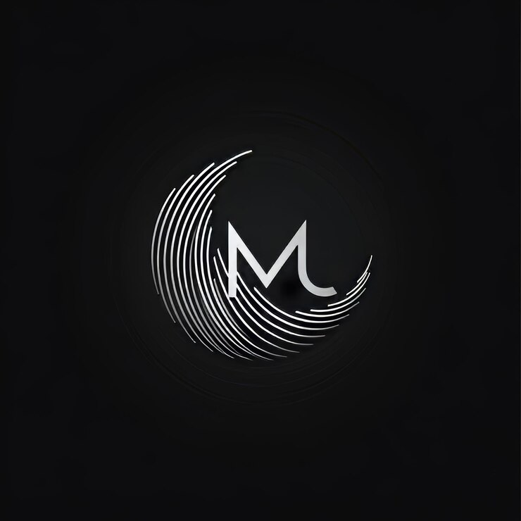 Foto diseño del logotipo de la letra m en blanco y negro con círculo sobre fondo negro