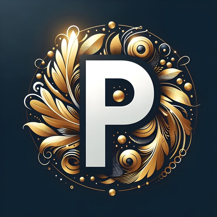 Foto diseño del logotipo de la marca p de oro blanco sobre fondo negro