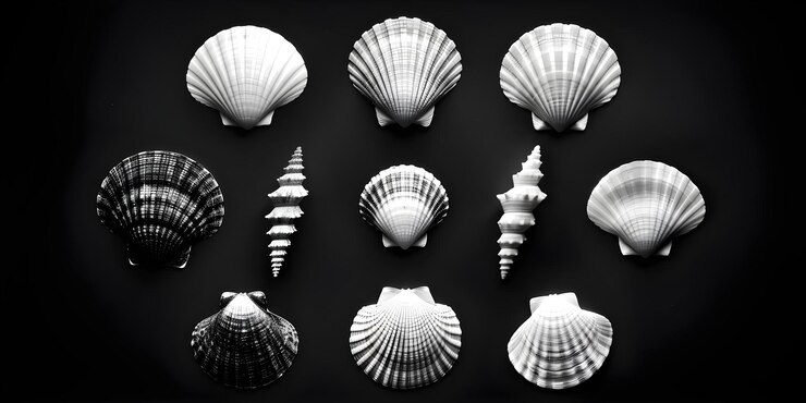 Foto diseño de logotipo de silueta de concha simple con varias conchas bivalvas en negro diseño del logotipo de concepto de concha de concha silhueta concha bivalva negra simple