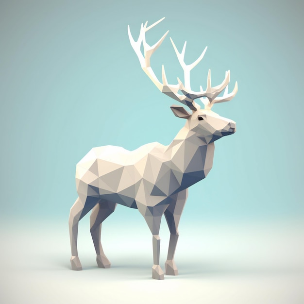 Diseño Low Poly 3D Un ciervo blanco con grandes cuernos se para frente a un fondo azul