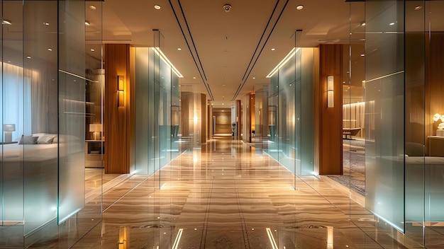 Diseño lujoso y minimalista de un corredor de hotel moderno con paredes de vidrio e iluminación cálida Concepto de arquitectura moderna Diseño interior del hotel paredes de vidrios iluminación cálido Decoración minimalista