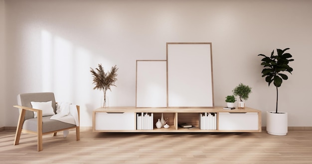 Diseño de madera del gabinete en el interior de la habitación blanca representación 3D de estilo moderno