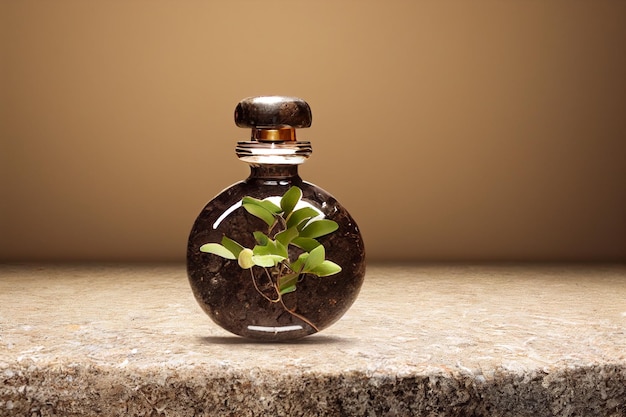 Diseño de maqueta de botella de perfume con rama de planta en blanco vacío y papel tapiz de espacio de copia Botella de aceite esencial con hierbas Escena de podio elegante y minimalista para la presentación del producto