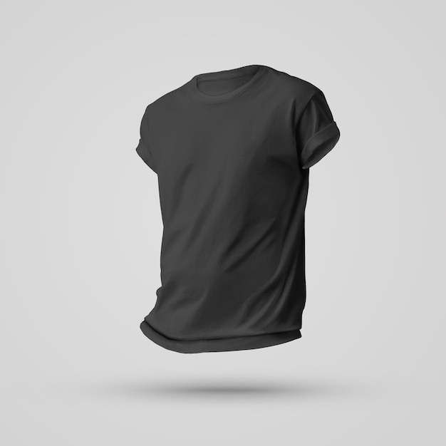 Diseño de maqueta de camiseta negra en blanco con sombras en el cuerpo sin un hombre. Vista frontal. Plantilla para publicidad y presentación de ropa.