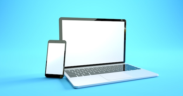 Diseño de maqueta de teléfono inteligente y computadora portátil de pantalla completa. Conjunto de dispositivos digitales