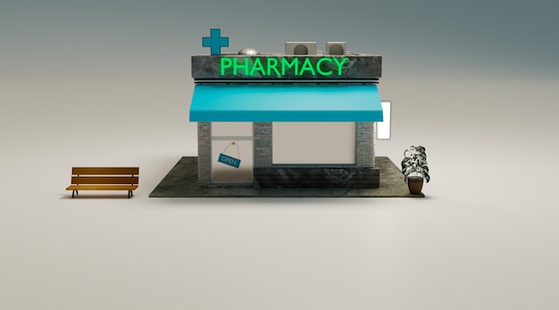 Diseño de maqueta de tienda de farmacia en escena nocturna