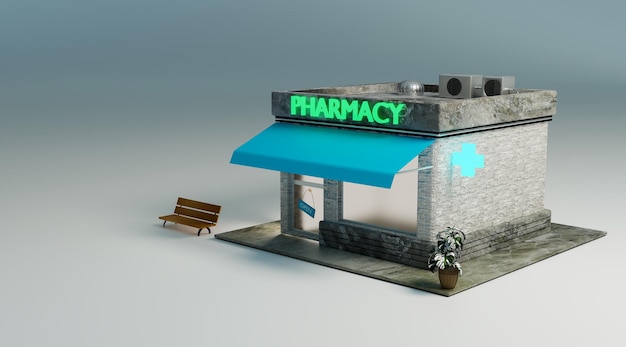 Diseño de maqueta de tienda de farmacia en escena nocturna