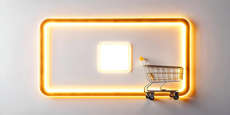 Foto diseño de marco de carrito de compras plano flotante con tarjeta de crédito brillante para promociones de cyber monday clean v