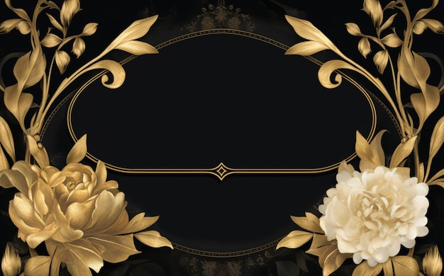 Diseño de marco dorado con flores en negro.