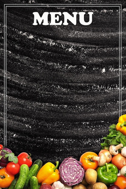 Foto diseño de menú con tablero negro y espacio de verduras para texto.