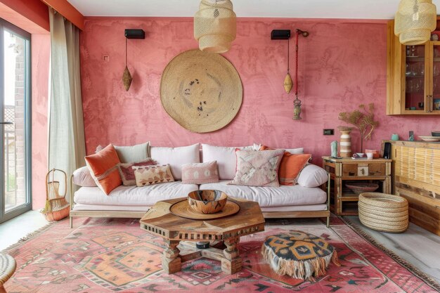 Diseño milenario estilo rosa rústico interior del apartamento y sala de estar moderna