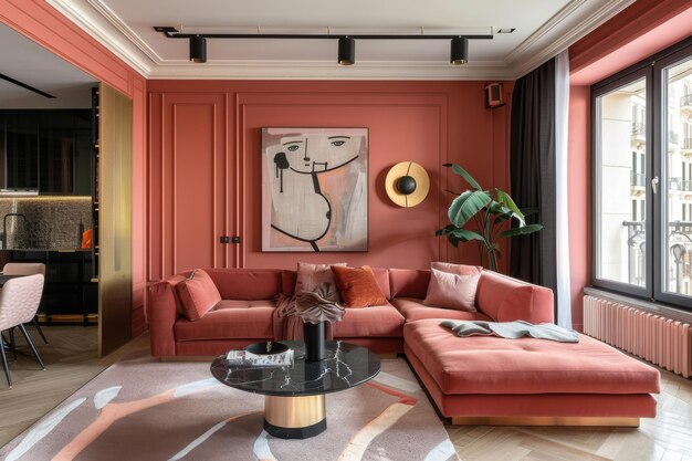 Diseño Milenial Pink estilo Art Deco interior del apartamento y sala de estar moderna