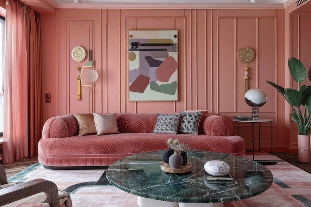 Diseño Milenial Pink estilo Art Deco interior del apartamento y sala de estar moderna