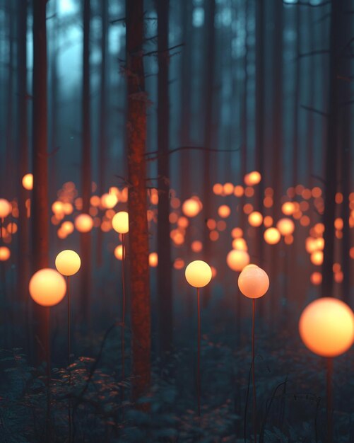 un diseño minimalista 3D con un bosque de bombillas