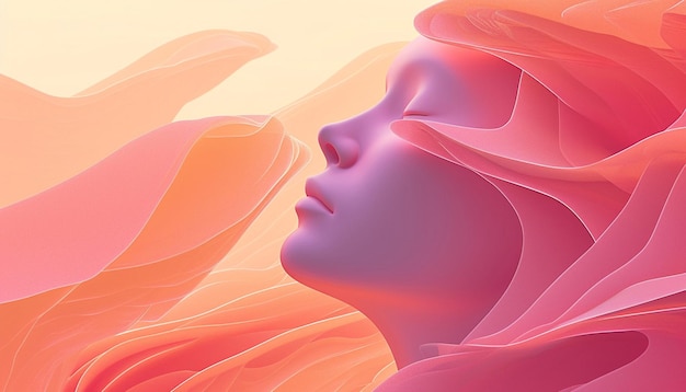 Diseño minimalista en 3D de un perfil de mujer que emerge de un paisaje digital