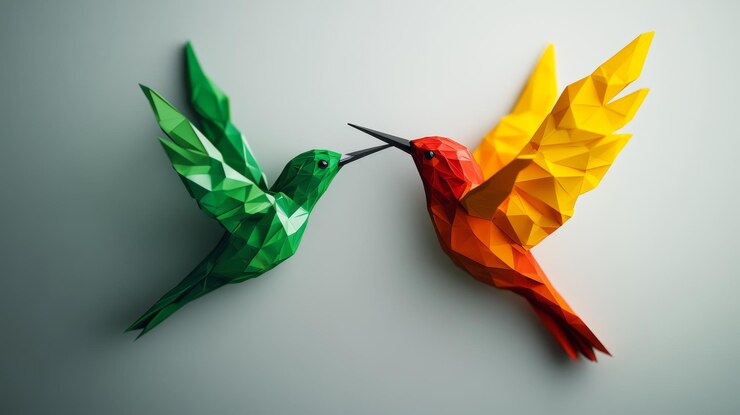Foto este diseño minimalista en 3d presenta un colibri verde y un halcón naranja en un abrazo gracioso