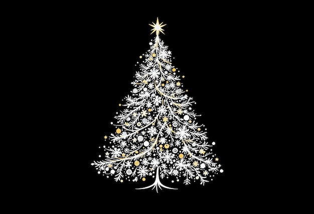 Un diseño minimalista de árbol de Navidad blanco y dorado en un fondo negro limpio con espacio de copia