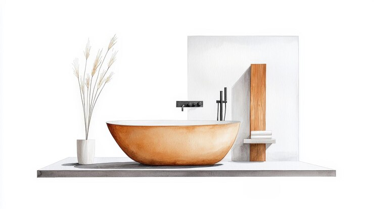 Un diseño minimalista del baño que muestra una bañera moderna, una decoración elegante y una atmósfera serena para la relajación y la comodidad
