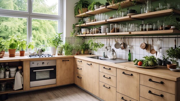 Diseño minimalista de la cocina escandinava ecológica con toques sostenibles