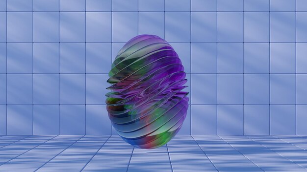 Diseño minimalista de huevo de Pascua en 3D con una textura de vidrio y elementos de onda retro que fusionan las vacaciones clásicas