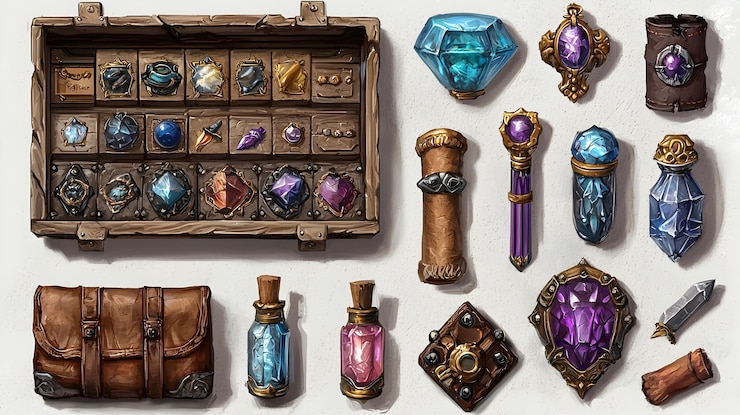 Foto diseño minimalista de la interfaz de usuario del juego con ranuras de artículos coleccionables en un fondo brillante