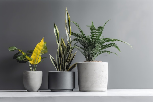 Diseño minimalista con plantas de interior elegantes y modernas en simples macetas de hormigón