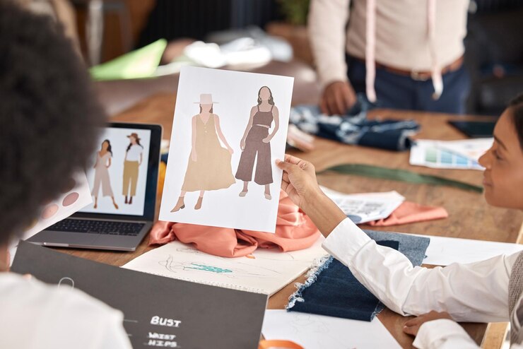 Foto diseño de moda y equipo de bocetos en el taller con ideas de color y texturas para la ropa. trabajo en equipo de la marca boutique de diseñador de lujo creativo y personas de planificación que intercambian ideas sobre creatividad en la oficina.