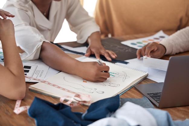 Diseño de moda y equipo de esbozos reunidos con ideas de color y texturas para ropa para marcas de lujo Trabajo en equipo creativo de diseño de planificación de negocios y personal con lluvia de ideas sobre creatividad en la oficina