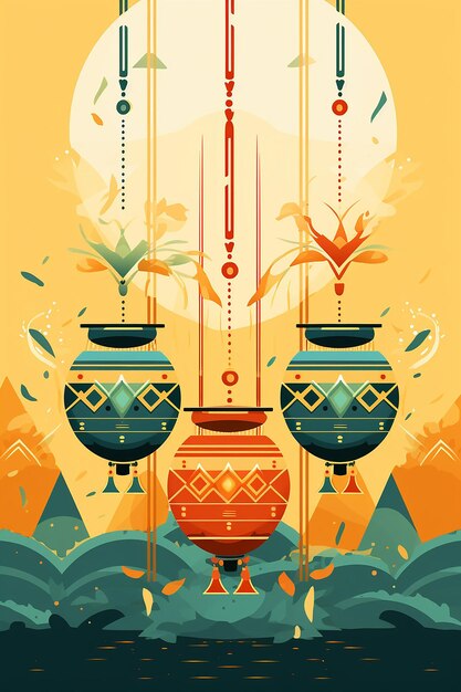 diseño modelado de ollas de Pongal con vapor que se eleva entrelazándose con cuerdas de cometa y caña de azúcar