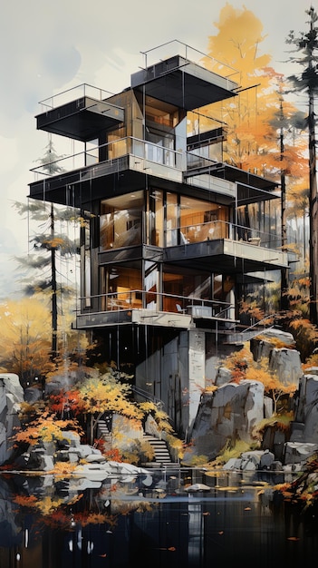 Diseño modernista en dibujo 3D de una lujosa casa de varios pisos construida en cemento.