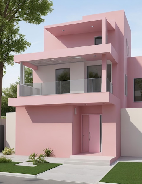 Diseño moderno de arquitectura de casa rosa con líneas elegantes y limpias y detalles en tonos rosados.