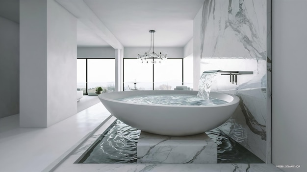 Diseño moderno de baño de lujo habitación blanca bañera blanca en pared de mármol renderizado en 3D
