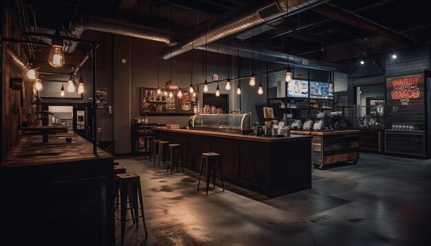 Foto diseño moderno de bar con materiales de acero y madera iluminados en el interior generados por inteligencia artificial