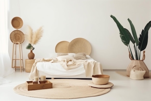 Diseño moderno cama bandeja interior hogar muebles de palma florero de ratán mesa IA generativa