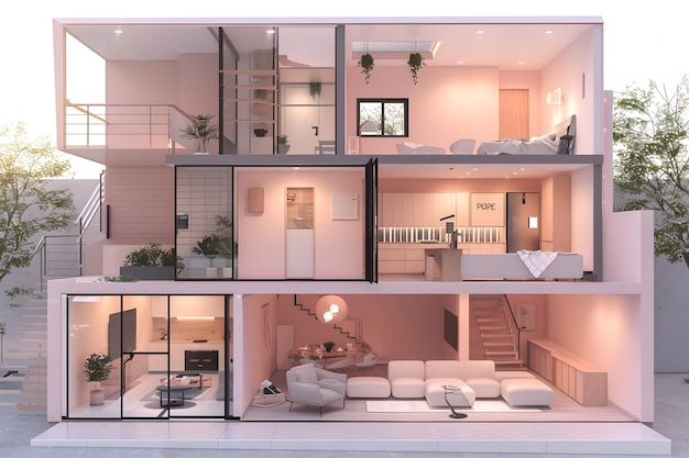 Diseño moderno de casas adosadas con planos de piso con acentos de rosa pastel