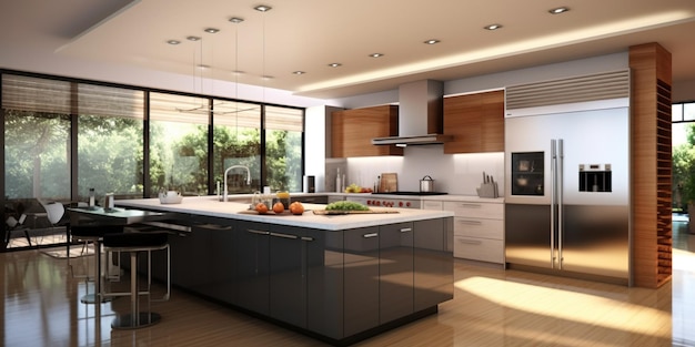 Diseño moderno de la cocina con encimeras elegantes y electrodomésticos de alta gama