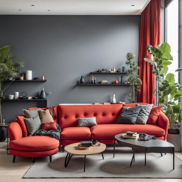 Diseño moderno de habitaciones Mobiliario de sofá rojo y decoración minimalista IA generativa