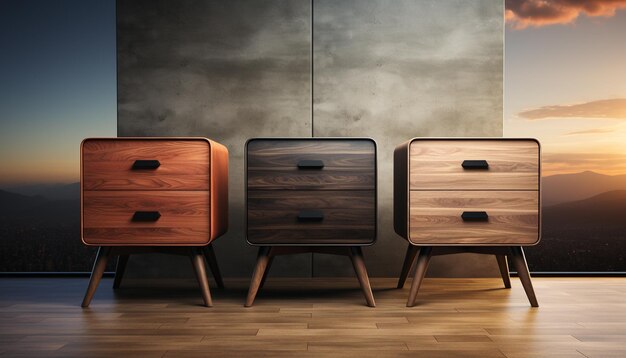 Foto diseño moderno de mesa con piso de tabla de madera y decoración de estantería generada por ia