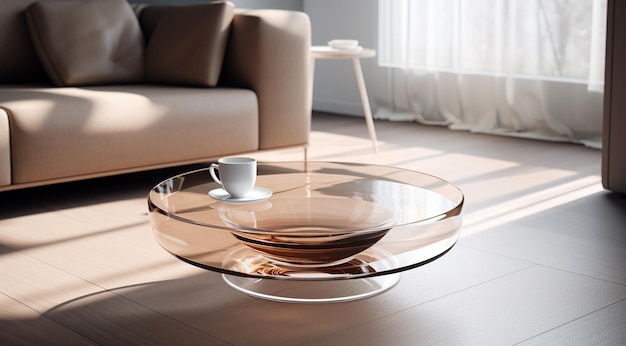 diseño moderno de mesa de vidrio con una taza blanca de café generativa IA