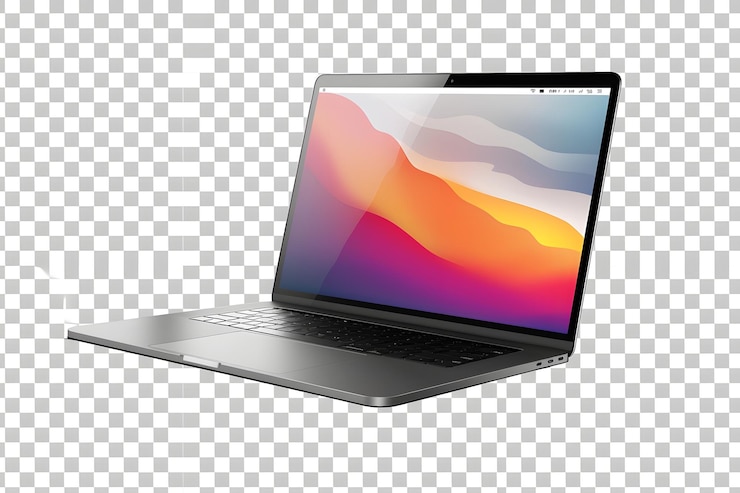 Diseño moderno de una portátil elegante abierta con pantalla de monitor de maqueta en plata metálica