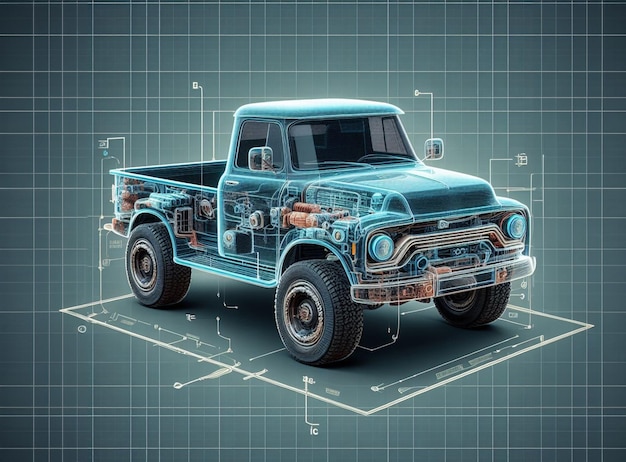 diseño moderno renderizado de camioneta pickup monstruo suv inteligente vehículo esquemas de energía ilustración