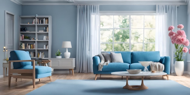 Diseño moderno de sala de estar azul con sofá y muebles Sala de estar brillante borrosa